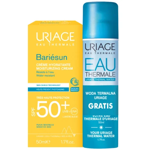 Uriage Bariesun Set, Feuchtigkeitscreme für empfindliche Haut, LSF 50+, 50 ml + Thermalwasser, 50 ml