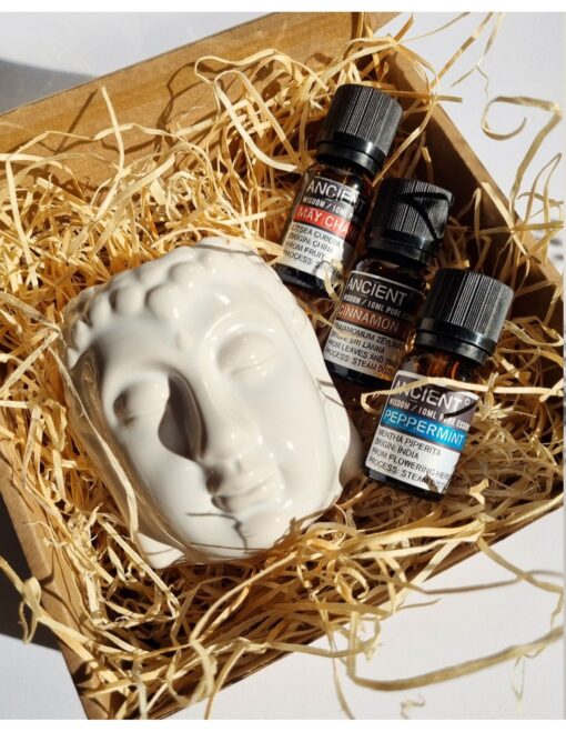 Aromatherapie Set mit aetherischen Oelen und einer Buddha Kopf Kamin2