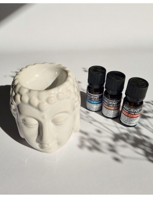 Aromatherapie Set mit aetherischen Oelen und einer Buddha Kopf Kamin4