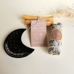 Palo Santo und Weißer Salbei Set mit mondförmigem Keramiksockel – schwarz