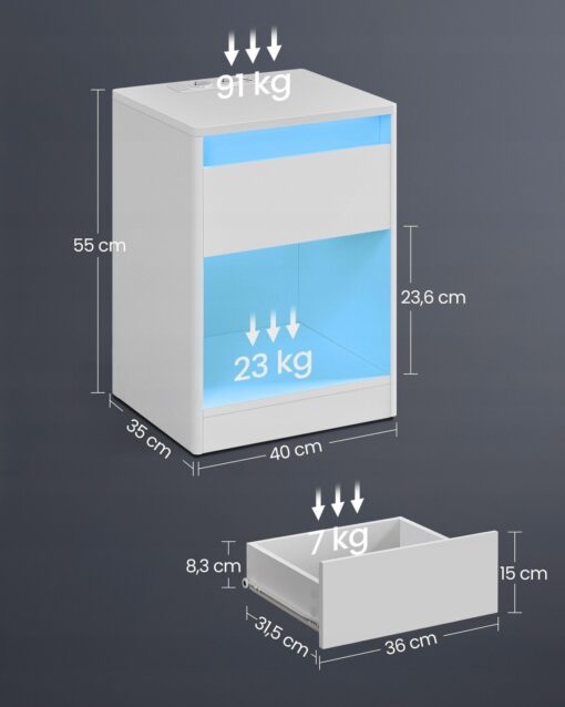 Weisse Nachttisch mit LED Beleuchtung 2 Steckdosen und 2 USB Ports3