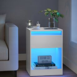 Weisse Nachttisch mit LED Beleuchtung 2 Steckdosen und 2 USB Ports6